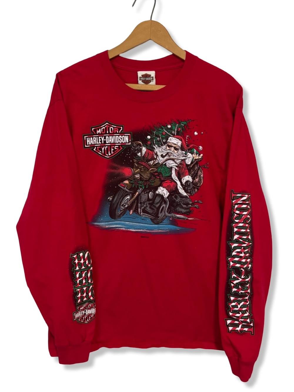 Harley-Davidson Christmas Red Long-Sleeve Santa Motorcycle Graphic Tee